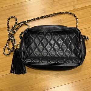 Neiman Marcus super soft quilted black leather crossbody with gold woven chain